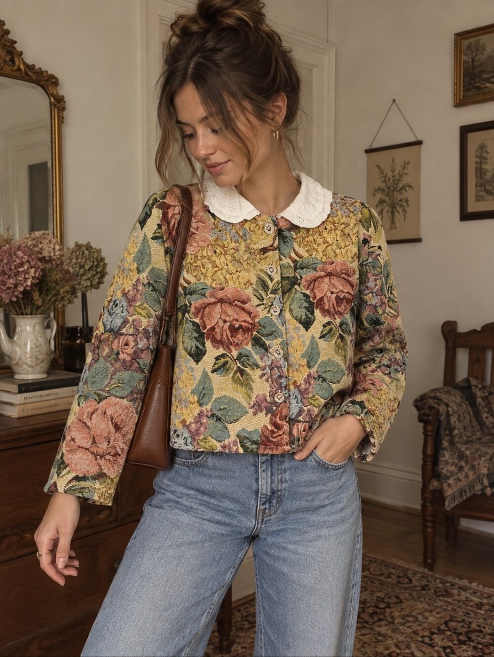 Floral Cropped Tapestry Jacket Size S Button Up Lace Collar Lightweight